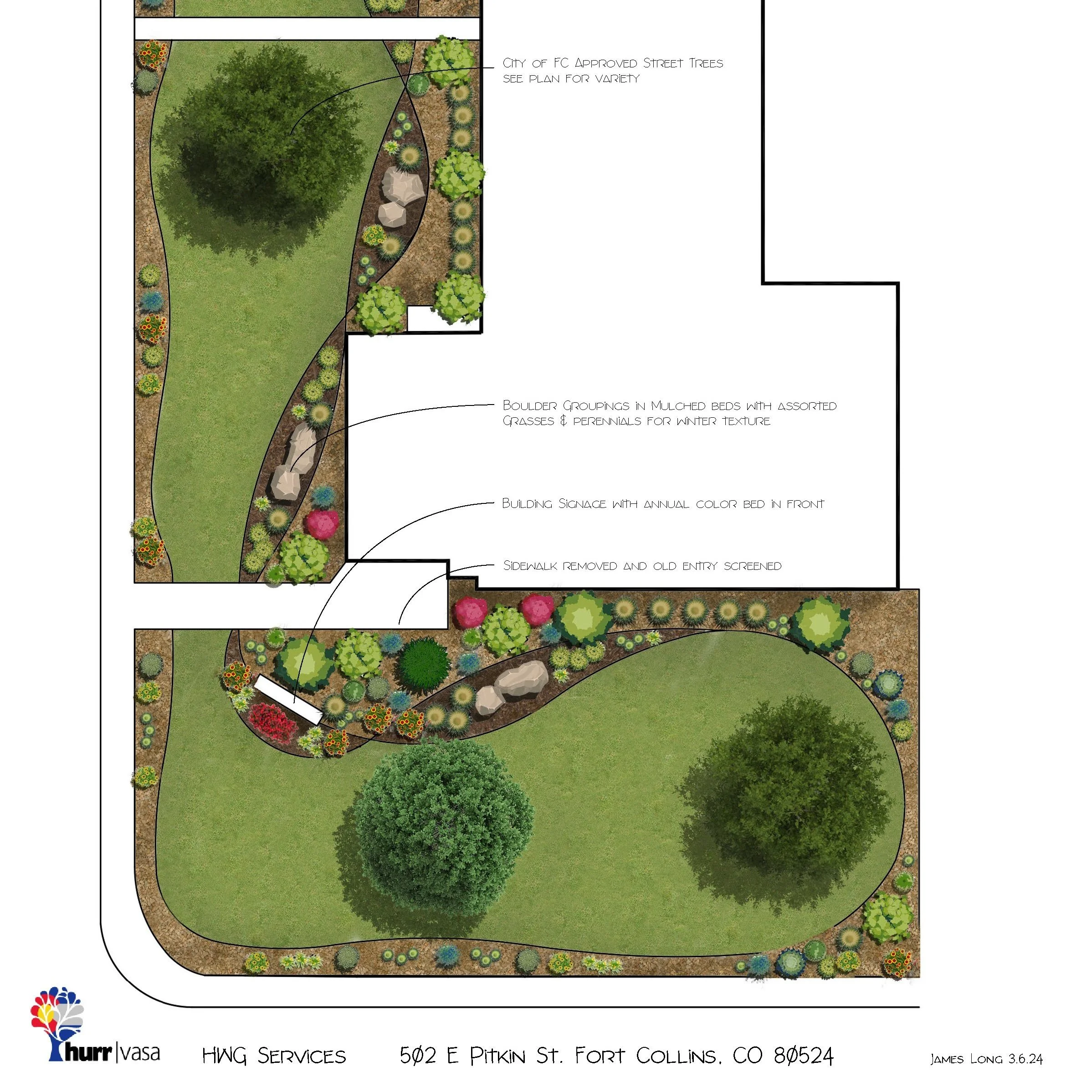 Hurr Vasa landscape design plan showing planting layout, lawn shapes, and hardscape detail for a Fort Collins property
